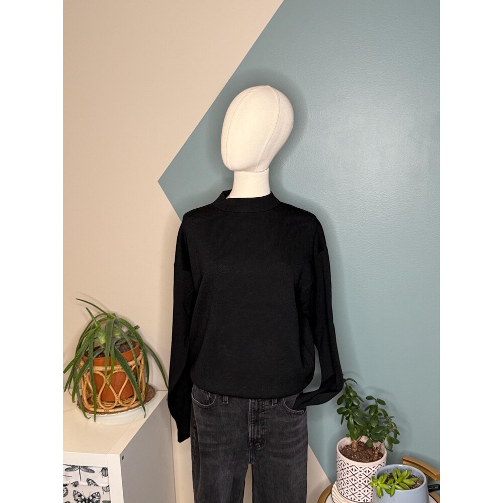 Vintage St John Basics Black Wool Knit Sweater L Mock Neck Made USA 90s - Picture 2 of 11